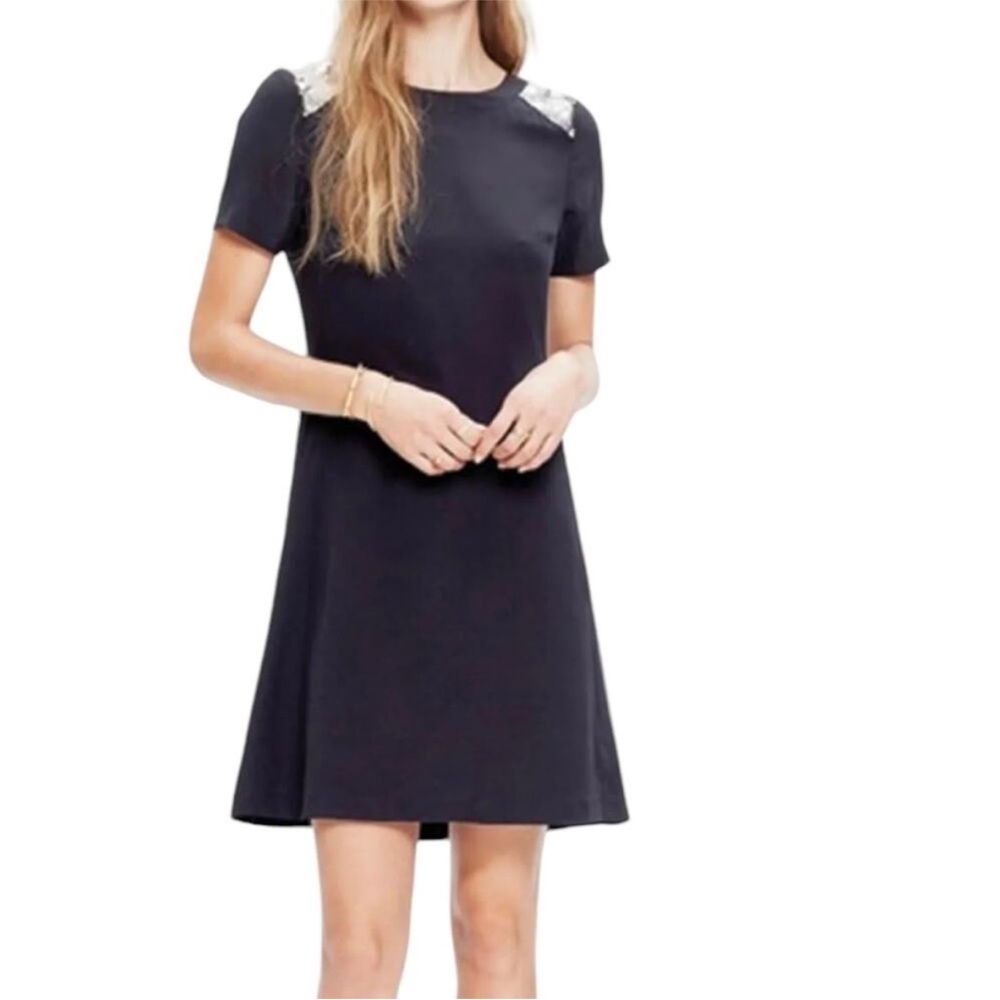 Classic Black Short-Sleeve Shift Dress with Embellished Shoulders